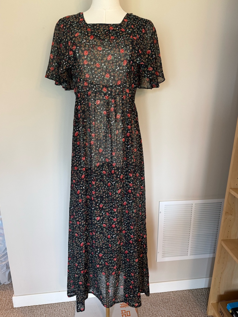 Romantic Black Floral Sheer Maxi Dress | Cottagecore Prairie Boho Flutter Sleeve